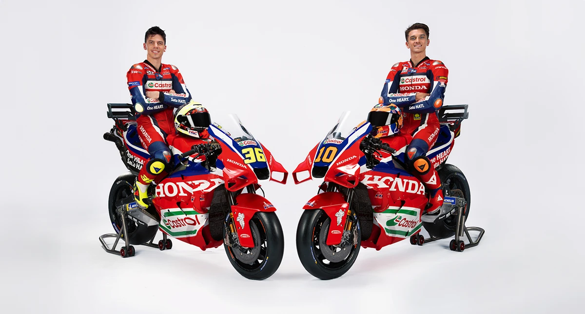 Pilotos Joan Mir e Luca Marini ao lado da moto Honda RC 213V da equipe HRC Castrol 2025
