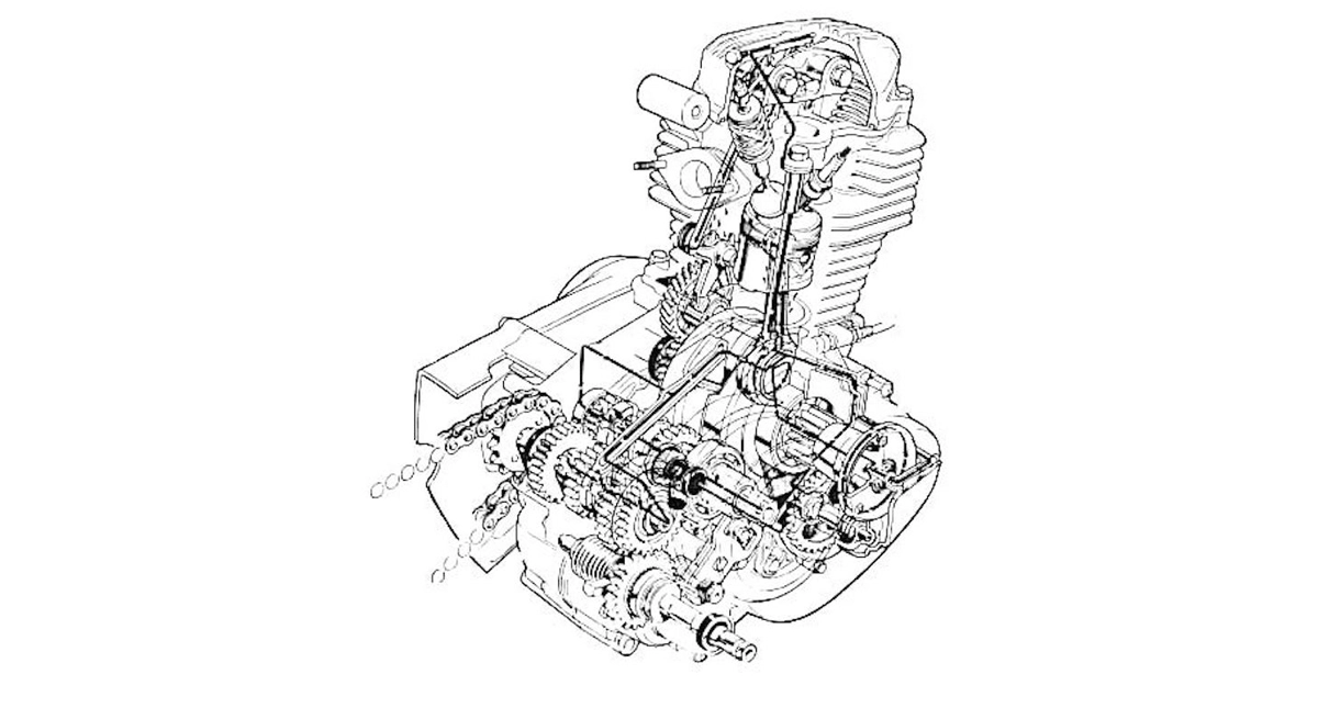 desenho técnico  explodido de um motor de moto