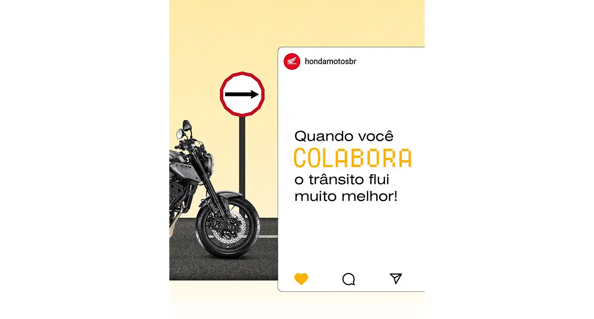 Imagem de carrossel para postagem em rede social com motocicleta, placa de siga a frente e frase "quando você colabora o trânsito flui muito melhor"