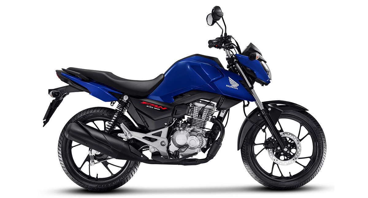 Lateral da nova motocicleta Honda Fan 2025 em azul e preto