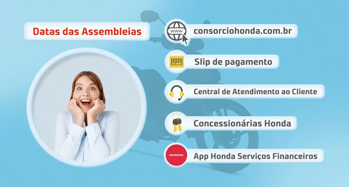 Cartaz data das assembleias e onde ocorre com mulher sorrindo a frente e moto ao fundo