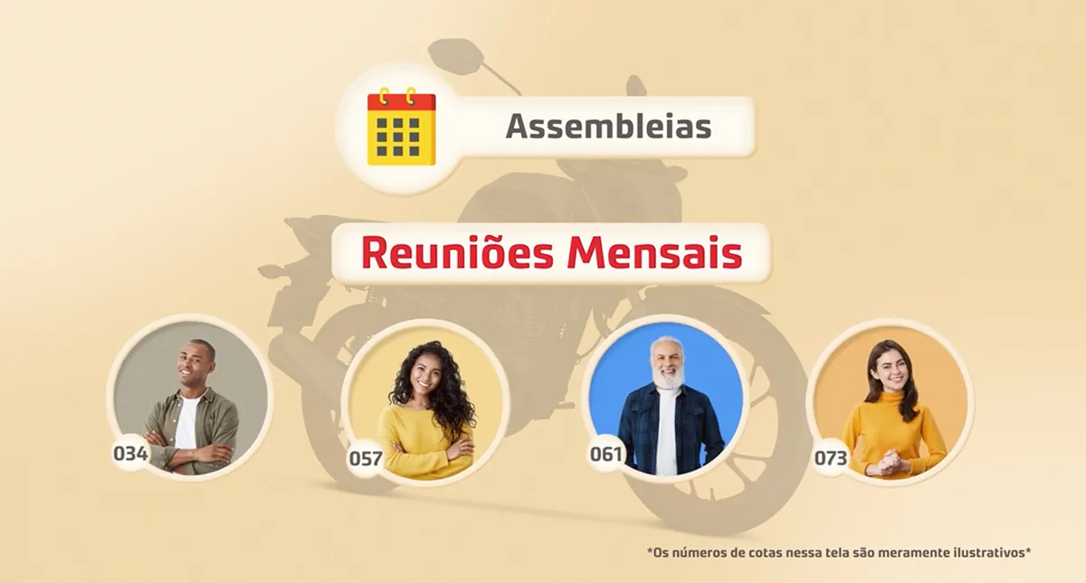 Cartaz reuniões mensais da assembleia com pessoas sorrido a frente e moto ao fundo