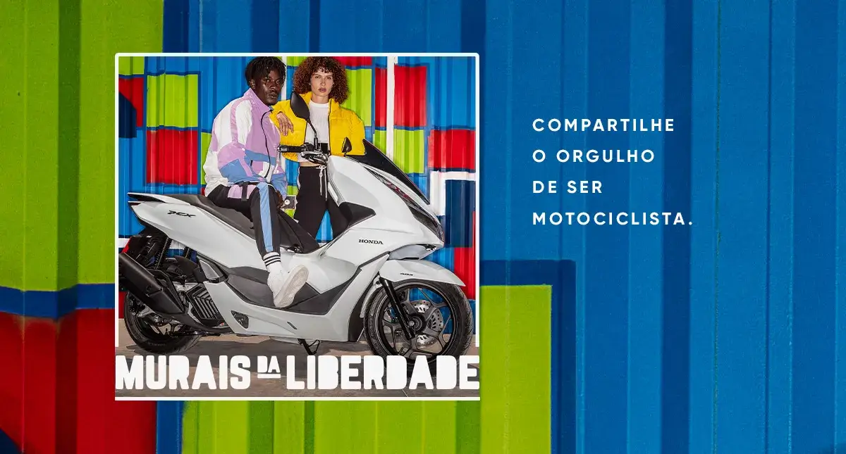 Banner Site Murais da Liberdade Honda, um homem com jaqueta lilás com branca sentado em uma Scooter PCX branca e uma mulher em pé ao lado vestindo uma jaqueta amarela