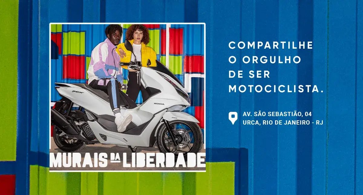 Stories Murais da Liberdade Honda, um homem com jaqueta lilás com branca sentado em uma Scooter PCX branca e uma mulher em pé ao lado vestindo uma jaqueta amarela