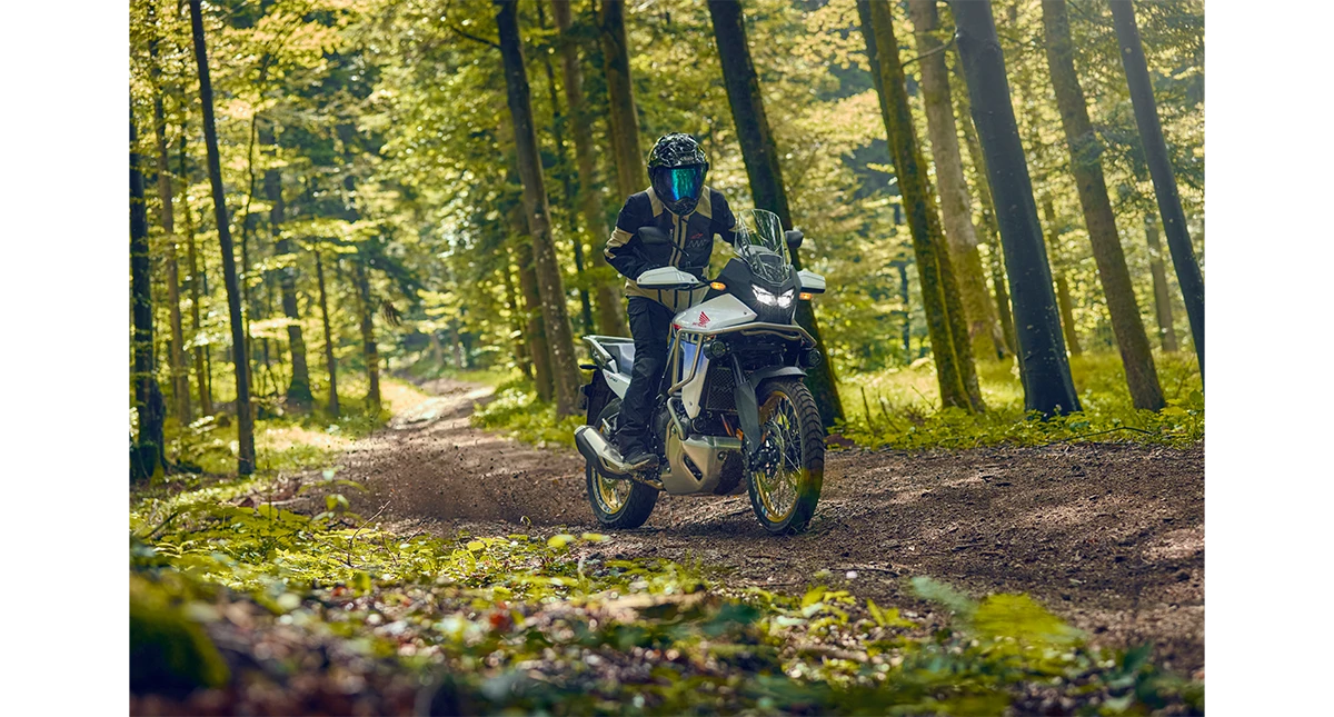 Piloto dirigindo uma Honda Transalp na floresta